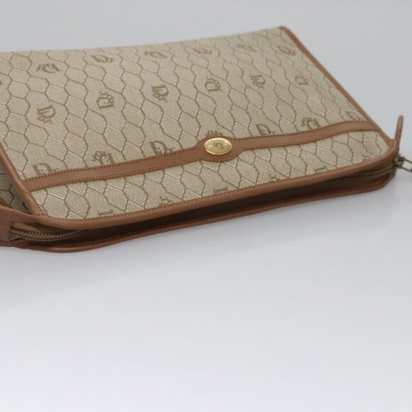 Christian Dior Honeycomb Canvas Clutch Bag PVC Leather Beige Gold Auth - Picture 7 of 16